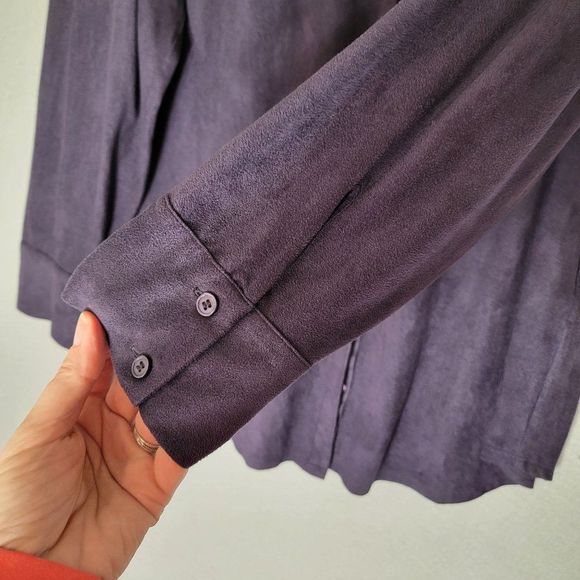 Chicos Reza Faux Suede Blouse Velour Button Top Purple L Eggplant Purpleology - Picture 6 of 15